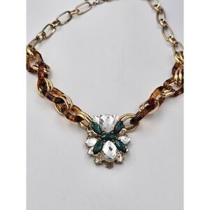 Fashion Statement Necklace Gold Tone Tortoise Shell Clear Green Stone Pendant